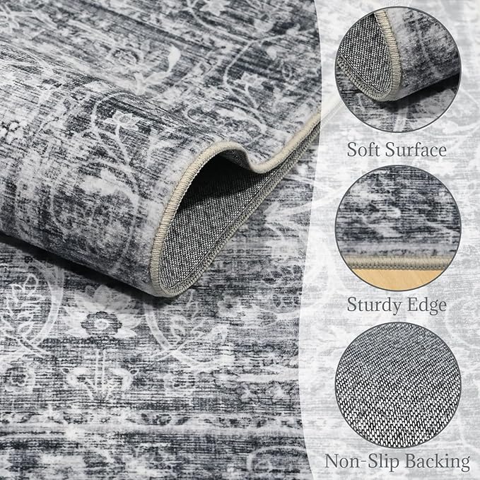 6x9 Washable Rug Vintage Fade Resistant Boho Distressed Non-Slip Indoor Large Carpet Low Pile Lightweight & High-Traffic Safe for Bedroom, Dorm, Playroom - Farmhouse Decor