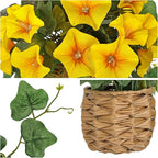 Briful 2 Pack Fake Morning Glory with Handwoven Basket - 8.2" Yellow Faux Potted Flowers Silk Floral Table Centerpiece for Home Office Room Shelf Desk Decor
