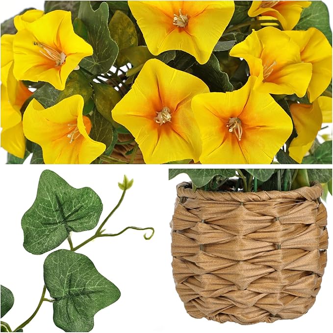 Briful 2 Pack Fake Morning Glory with Handwoven Basket - 8.2" Yellow Faux Potted Flowers Silk Floral Table Centerpiece for Home Office Room Shelf Desk Decor