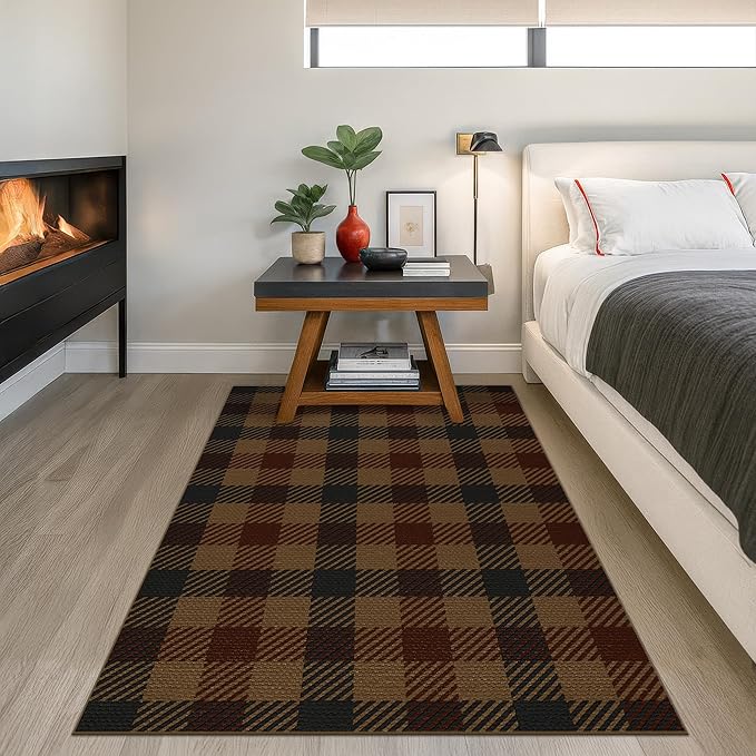 Neutral 4x6 Area Rug for Indoor Entrance - Easy Jute Brown and Red Checkered Rug for Large Entryway, Small Living Room, Stain Resistant Low Pile Retro Vintage Dark Décor