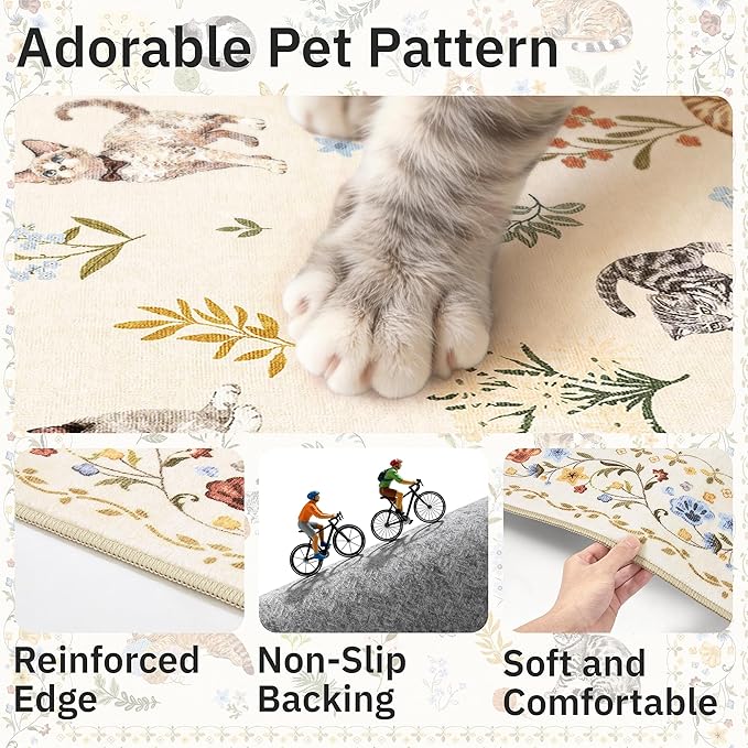 Cat 6x9 Area Rugs for Living Room, Machine Washable Animal Floral Vintage Rug Non-Slip Low Pile Soft Throw Rugs for Bedroom Dining Room Kitchen Nursery Playroom (6 x 9,Beige)