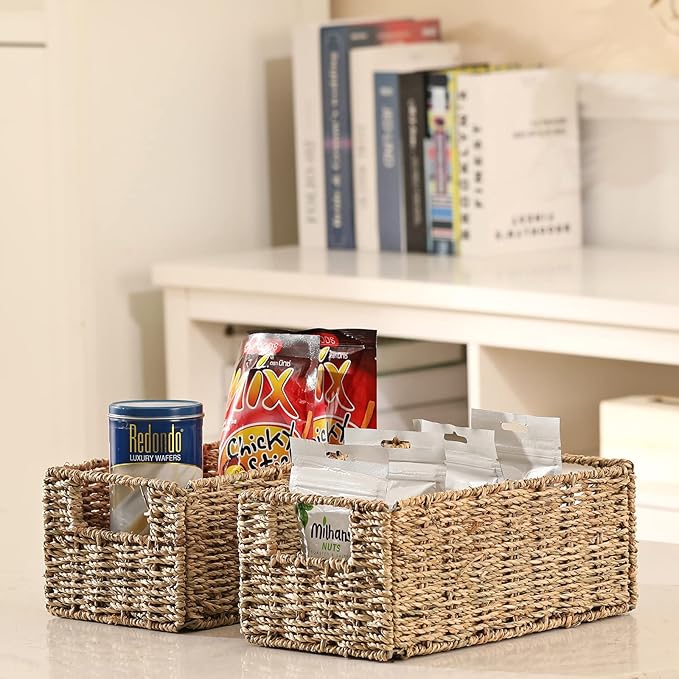 Vagusicc Wicker Storage Basket, Set of 2 Hand-Woven Storage Baskets for Organizing, Small Wicker Basket for Toilet Paper, Foldable Large Cube Storage Organizer Basket Bins for Shelves (Sea Grass)
