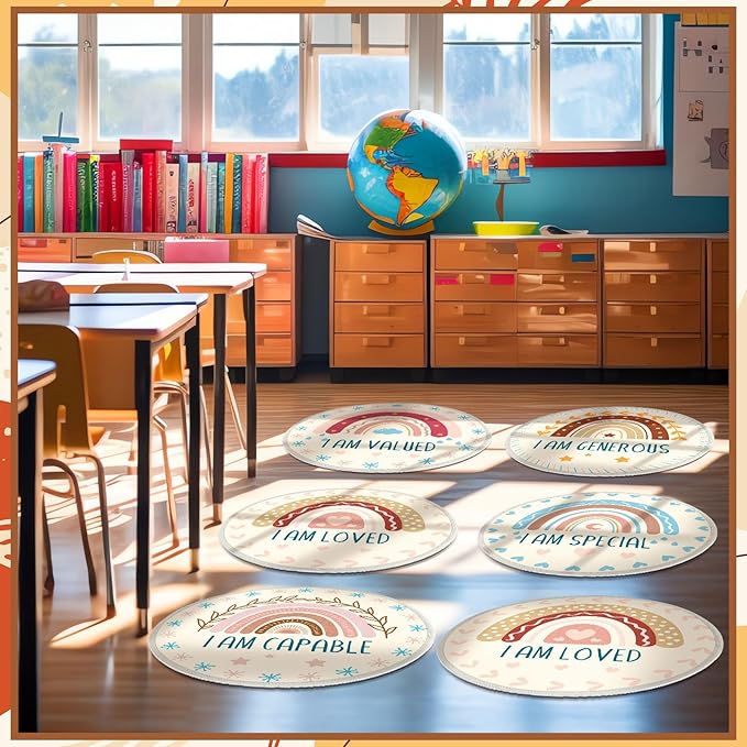 Tinideya 12 Pcs Kids Carpet Circle Seats for Class 16 Inch Round Classroom Rug Floor Cushions Soft First Day of School Educational Mat Non Slip Back to School Learning Playing Areas(Boho Rainbow)