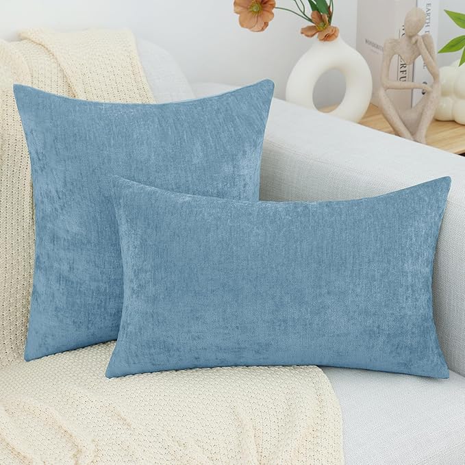 decorUhome Chenille Grey Blue Spring Throw Pillow Covers 16x16 Inch Set of 2, Decorative Soft Couch Pillow Covers Solid Dyed Accent Farmhouse Neutral Square Pillow Cases for Sofa