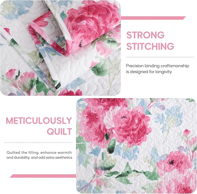 JSD Rose Floral Quilt Set Twin Size, 2 Piece Printed Bedspreads Coverlet with Pillow Sham, Soft Microfiber Quilted Blanket