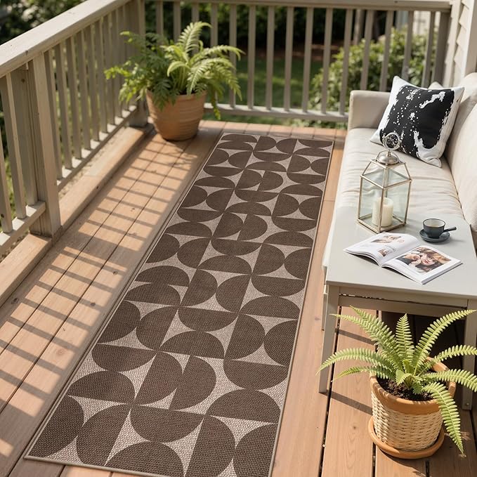 Lahome Modern Geometric Easy Jute Washable Runner Rug 2.5x8, Non Slip Carpet Runners for Hallway 8ft, Brown Neutral Semi-Circle Rug for Outdoor Deck Porch