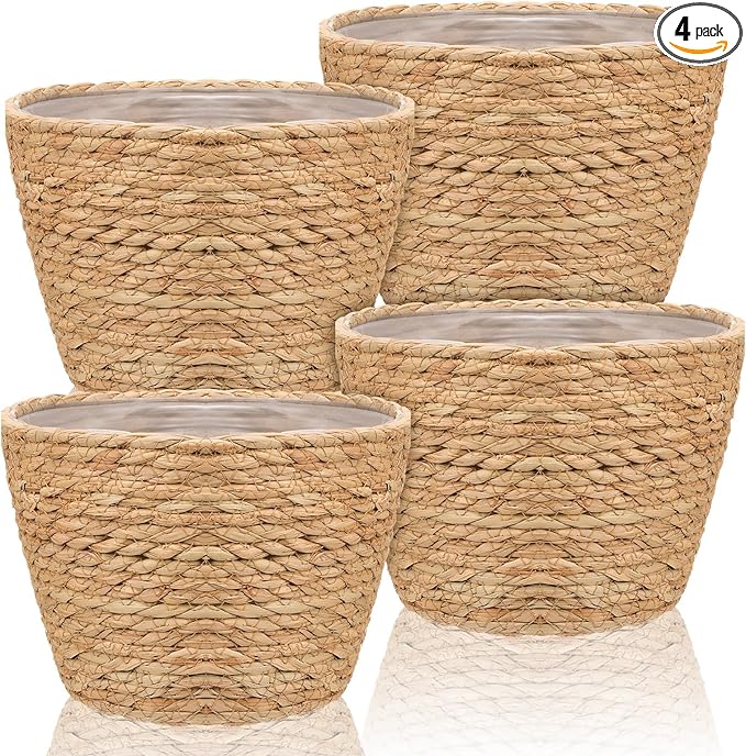 4PCS Straw Woven Plant Basket Middle Premium Seagrass Planter Basket with Plastic Lining Natural Stylish Planter Baskets Indoor Outdoor Plants Woven Wicker Baskets for Plants Flower Pots