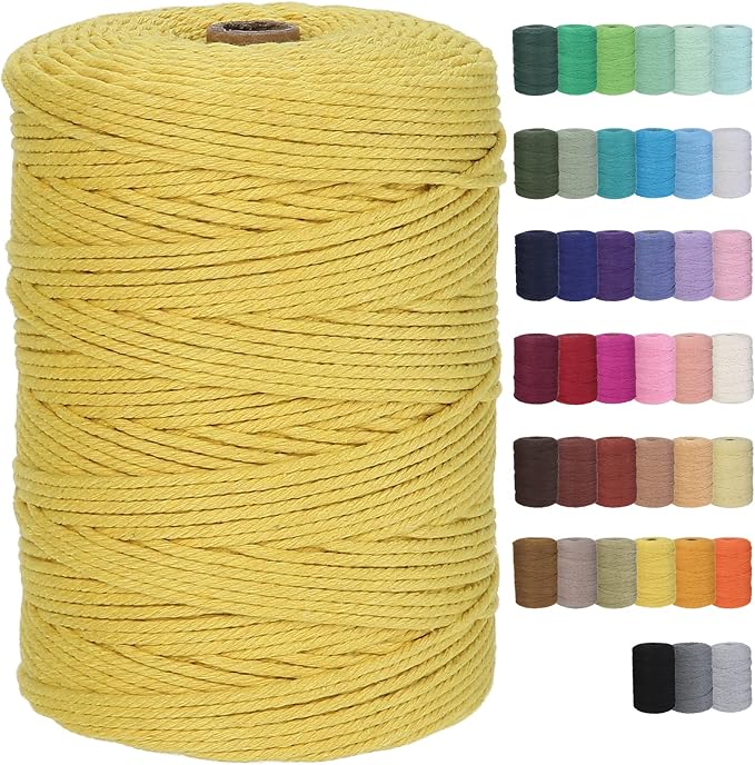 Cotton Macrame Cord 3mm 328yards Natural Colored Macrame Supplies, Soft Craft Cotton Rope for Plant Hanger Wall Hanger Dreamcatcher (Yellow)