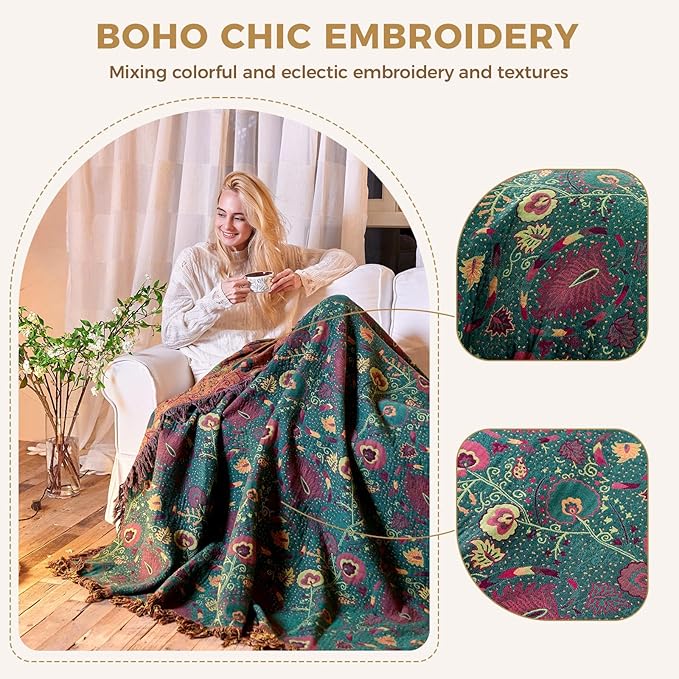 Boho Throw Blanket for Bed 100% Cotton Soft Lightweight Quilt Home Decor Spring Bed Blanket,Floral Embroidery Reversible All Season Bohemian Breathable Twin Throws for Sofa Couch Chair 60"x80"