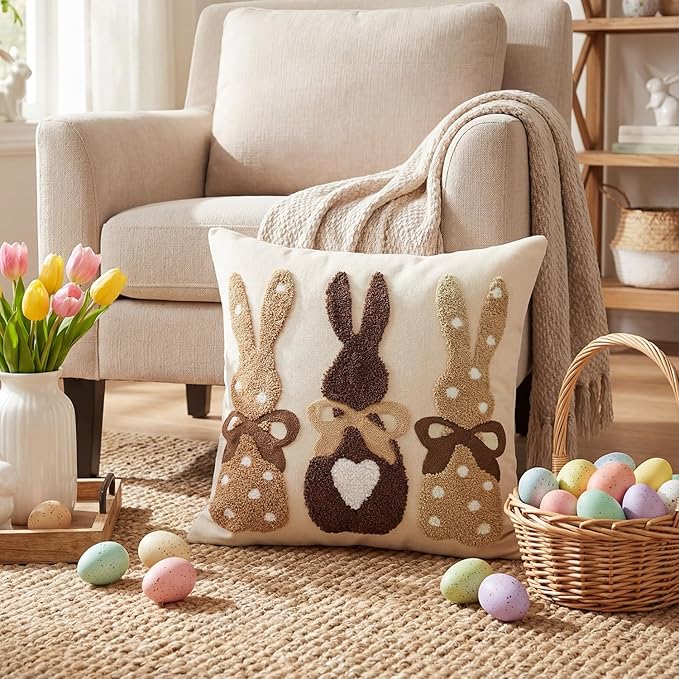 AVOIN colorlife Easter Polka Dot Love Heart Bunny Embroidered Throw Pillow Cover, 18 x 18 Inch Bow Rabbits Tufted Patterned Linen Decoration Cushion Case for Sofa