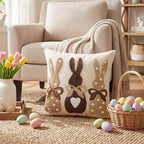 AVOIN colorlife Easter Polka Dot Love Heart Bunny Embroidered Throw Pillow Cover, 18 x 18 Inch Bow Rabbits Tufted Patterned Linen Decoration Cushion Case for Sofa