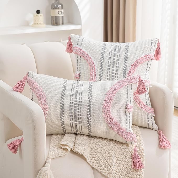 Boho Throw Pillow Covers 18x18 Set of 2 Cotton Woven Tufted Farmhouse Pillows Covers with Tassels Outdoor Neutral Pink Decorative Pillowcases Square Textured Accent Cushion Cases for Couch Bed Sofa