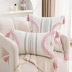Boho Throw Pillow Covers 18x18 Set of 2 Cotton Woven Tufted Farmhouse Pillows Covers with Tassels Outdoor Neutral Pink Decorative Pillowcases Square Textured Accent Cushion Cases for Couch Bed Sofa