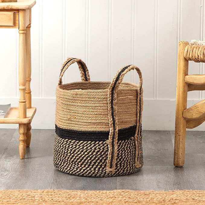 Nearly Natural 13in. Boho Chic Basket Natural Jute Basket Planter, Black Bottom Natural Top with Handles