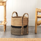 Nearly Natural 13in. Boho Chic Basket Natural Jute Basket Planter, Black Bottom Natural Top with Handles