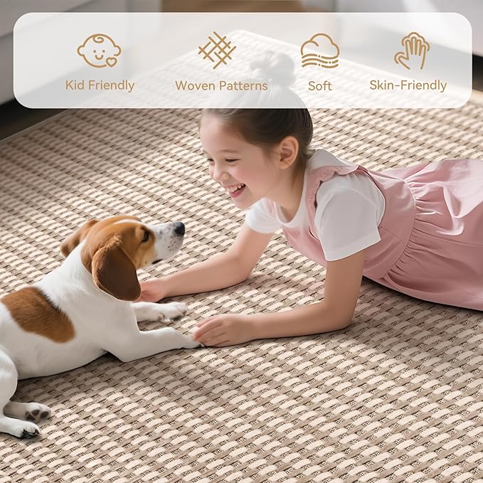 Boho Washable Area Rugs 5x7 ft, Non Slip Area Rug for Living Room, Braided Office Rugs Bedroom Rug Woven Washable Indoor Floor Carpets for Office Dining Bedroom Living Room, Easy to Clean, Brown