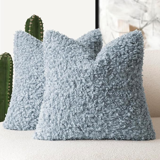 Foindtower 2 Pieces 22x22 Inch Misty Blue,Faux Fur Throw Pillow Cover Accent Sherpa Furry Pillow Covers Fuzzy Soft Pillowcases Cozy Sheepskin Decorative Fleece Cushion Case for Bed Couch Living Room