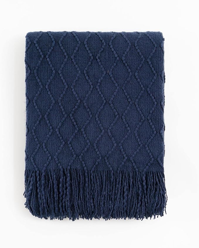 BATTILO HOME Navy Throw Blankets for Couch, Navy Blue Lightweight Decorative Blankets and Throws, Boho Warm Knit Blanket for Men and Women, 50"x60"