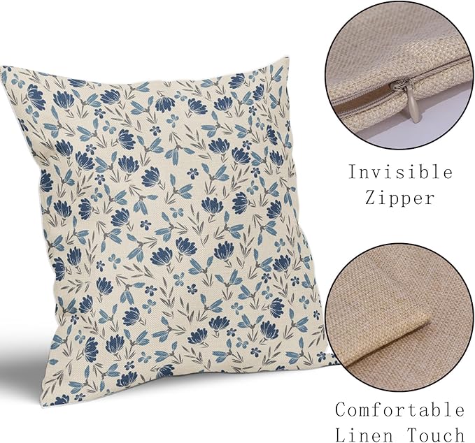 Blue Grey Gray Floral Pillow Covers 22x22 Set of 2 Vintage Rustic Old Style Cute Small Flower Print Decorative Outdoor Pillowcases Farmhouse Throw Cushion Case Decor for Couch Sofa Bed