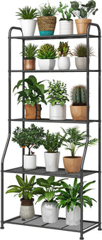 Simple Trending Plant Stand 5-Tier Plant Shelf for Indoor Outdoor, Waterproof Metal Tall Plant Stand for Living Room Bathroom Balcony Garden, Black