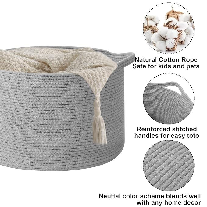90L Large Blanket Basket,21.7"L x 21.7"W x 13.8"H Rope Woven Baskets with Handles, Toys Storage Bins,Laundry Basket Perfect for Living Room, Nursery,Bedroom,Home Organization,Light Gry