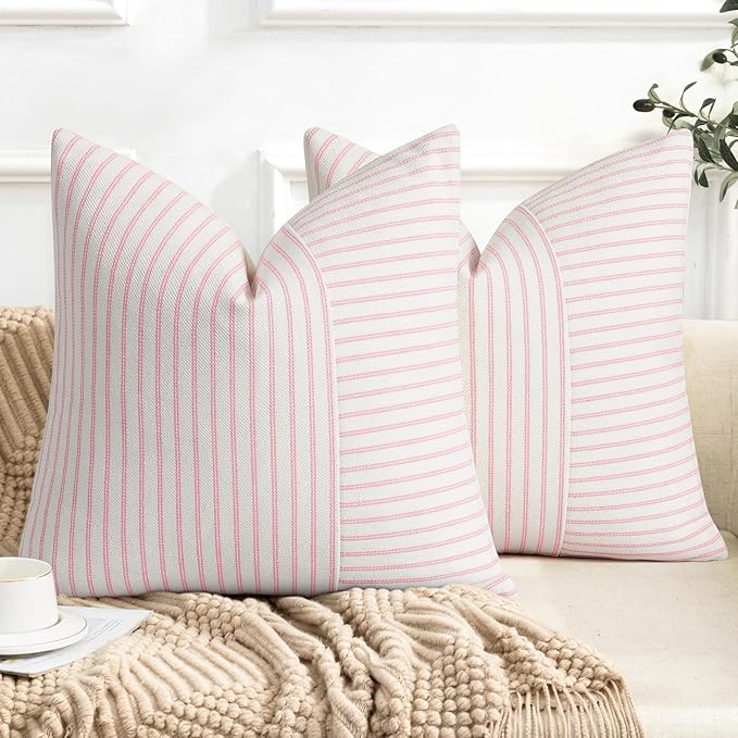 YCOLL Valentines Pillow Covers 18x18, Modern Accent Square Throw Pillow Covers Set of 2, Pink and Beige Striped Patchwork Linen Decorative Cushion Covers for Couch Chair Bedroom Home Decor