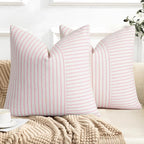 YCOLL Valentines Pillow Covers 22x22, Modern Accent Square Throw Pillow Covers Set of 2, Pink and Beige Striped Patchwork Linen Decorative Cushion Covers for Couch Chair Bedroom Home Decor
