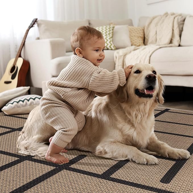 Tangsoo Easy Jute Rug 3x5 for Entryway,Non-Slip Washable Indoor Outdoor Stripe Door Carpet,Farmhouse Ultra Thin Small Throw Mat for Kitchen Bedroom Front Door Patio Blacony