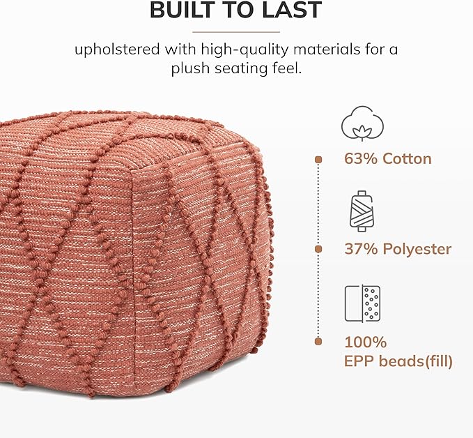 Anji Mountain Pouf Ottoman Foot Rest, Handmade Ottoman Pouf, Comfortable Foot Stool, Decorative Floor Seating for Living Room Decor, Bedroom & Home Décor Accent - Terracotta