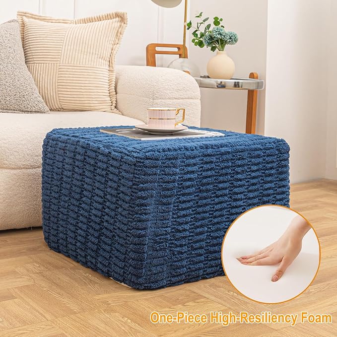 Asuprui Round Square Pouf Ottoman Foot Rest – Lightweight Modern Footstool with Plush Foam Filling, Perfect for Living Room Decor & Cozy Comfort – 20x20x14 Inch Chic Accent Piece (Navy Blue)