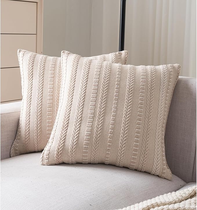Boho Throw Pillow Covers 22x22 Inch Set of 2, Farmhouse Decorative Couch Pillow Cases, Beige Accent Pillows of Bed, Sofa Bedroom Living Room Home Decor Cushion Cover