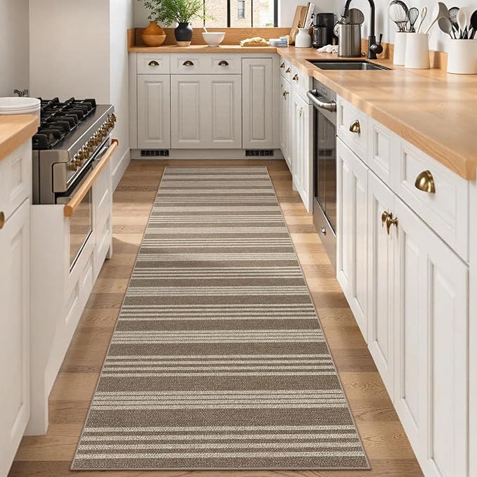 Lahome Elance Striped Washable Runner Rug, 2x8 Easy Jute Hallway Kitchen Runner, Farmhouse Non Slip Non Shedding Indoor Outdoor Carpet for Entry Corridor Foyer, Khaki