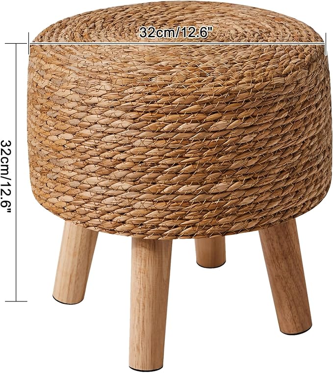 YMYNY Foot Stool Natural Seagrass Hand Weave, 12.6" Small Ottoman, Round Footrest for Living Room, Bedroom, Entryway, Change Shoes Stool, Non-Skid Wood Legs, Boho, Natural, UHBD027N
