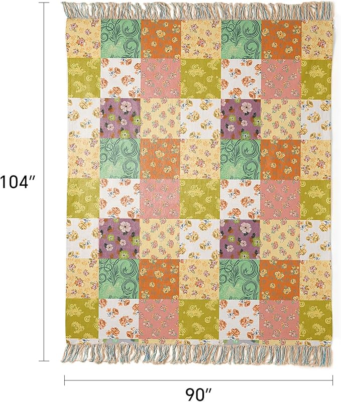 100% Cotton Boho Throw Blanket for Home Decor – Classic Farmhouse Quilt Bedding, Muslin Blankets for Adults, Vintage Woven Decorative Blanket for Couch, Bed Layering Use, Patchwork, 104"x90"