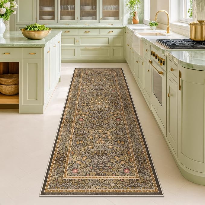 Non Slip 2x7 Gold Brown Runner Rugs - Washable Long Runner for Bathroom, Kitchen, Hallway, Indoor Floor Mat, Bedroom Bedside - Brown Earthy Vintage Floral Décor