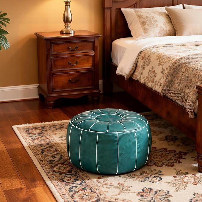 Thgonwid Unstuffed Moroccan Storage Pouf Foot Stool Ottoman Seat Handmade Faux Leather Bean Bag Floor Chair Foot Rest for Living Room, Bedroom or Balcony (Teal Blue)
