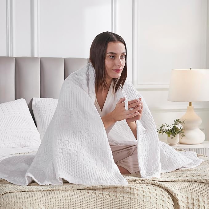 VHC Brands 100% Cotton Waffle Weave White Throw 50x60, Decorative Cotton Throw Blanket, Boho Farmhouse Bedroom, Living Room Decor for Bed, Couch, or Sofa