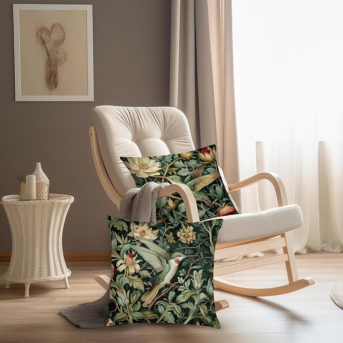 Vintage William Morris Hummingbird Pillow Cover 18x18 Set of 4,Rustic Green Hummingbird Bird Animal Floral Botanical Print Decorative Throw Pillow Covers for Home Bedroom Living Room