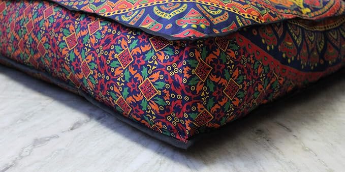 CRAFT KALA Mandala Floor Pillow Cushion Cover Seating Throw Cover Hippie Decorative Bohemian Ottoman Poufs Pom Pom Pillow Cases Boho Indian Cotton Living Room Yoga Home Décor 35" Square New Blue Ombre