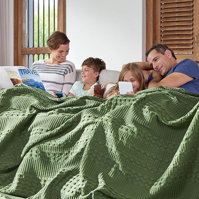 VHC Brands 100% Cotton Waffle Weave Olive Green Oversized King Size Blanket 120x120, Decorative Cotton Throw Blanket, Boho Farmhouse Bedroom Decor for Bed, Couch, or Sofa
