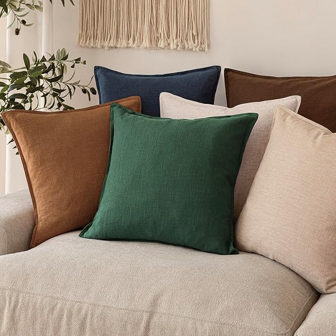 Foindtower Set of 2, Decorative Linen Soild Throw Pillow Covers Soft Accent Euro Cushion Case Farmhouse Neutral Pillowcase for Chair Couch Sofa Bedroom Living Room Home Decor 16 x 16 Inch Pine Green