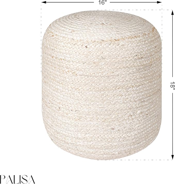 Palisa Ottoman Jute Pouf Handmade Knitted Poof Bean Bag Filling | Boho Pouffe for Living Room & Bedroom | Foot Rest Poufs for Office Home Decor (Off White, 16" D x 16" W x 18" H)