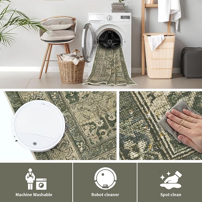 Vintage Washable Area Rug for Living Room,Low Pile 6x9 Non Slip Carpet Non-Shedding Area Rug Soft Indoor Stain Resistant Rug Floral Print Mat for Bedroom Dining Room Green