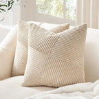Topfinel 24x24 inches Euro Pillow Shams Set of 2 Tan Corduroy Decorative Throw Pillow Covers for Bedroom Living Room, Windmill Textured Striped Patchwork Couch Pillow Covers 60x60 cm