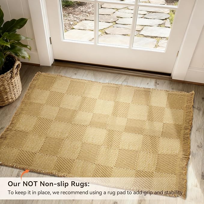 BESTSWEETIE 2'x3' Washable Rug Hand-Woven Low Pile Soft Checkerboard Pattern Reversible Checkered Braided Rugs with Short Fringe Carpet for Living Room Bedroom Dining Room Home Decor - Naturejute