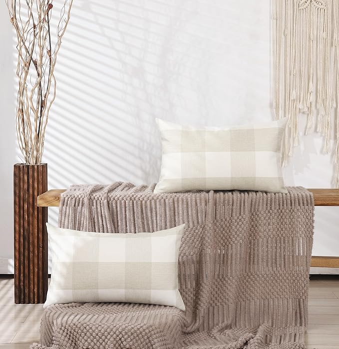 CARRIE HOME Beige Cream Buffalo Plaid Lumbar Pillow Covers 12x20 Set of 2 Neutral Checkered Pillow Covers 12 x 20 Outdoor Farmhouse Lumbar Pillow Covers for Couch, Sofa and Patio