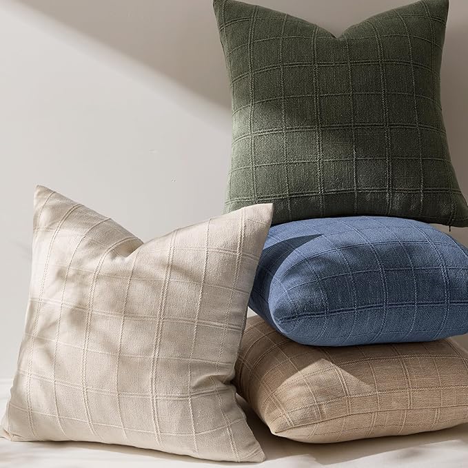 Woaboy Linen Check Throw Pillow Covers Set of 2 - Natural Beige Farmhouse Modern Boho Vintage Decorative Cushion Covers for Sofa Couch Bedroom Living Room Decor 18x18 Inch