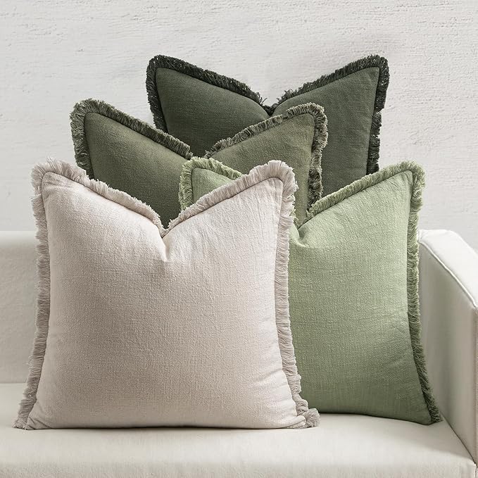 MIULEE Decorative Couch Pillow Covers Neutral Linen Fringe Throw Pillows Set of 4 Boho Farmhouse Soft Accent Cushions for Bed Sofa Living Room Spring Home Decor 20x20 Inch Beige/Sage Green