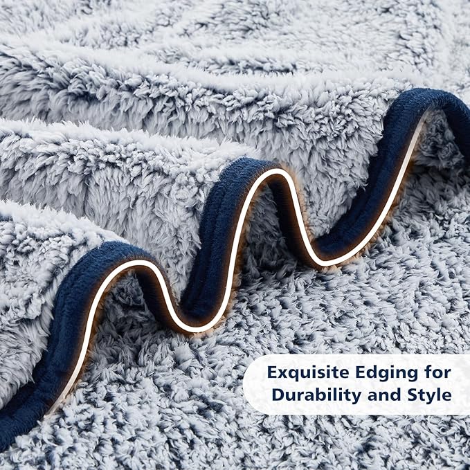 EMME Soft Sherpa Fleece Blanket Reversible Plush Fluffy Large Blanket, Light Weight Warm Decorative Boho Blanket Cover for Sofa, Couch, Bedroom,Travel(Plush Navy,108"x90")