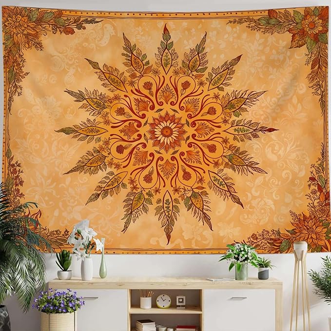 Accnicc Boho Mandala Floral Tapestry Vintage Bohemian Indian Tapestries for Bedroom Aesthetic Retro Orange Yellow Flower Tapestry Wall Hanging for Dorm Living Room Decor 60 x 44 Inch